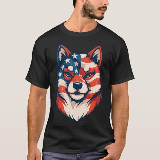 愛国的な柴犬 アメリカ国旗 ヴィンテージ 4th tシャツ (正面)