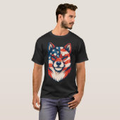愛国的な柴犬 アメリカ国旗 ヴィンテージ 4th tシャツ (正面フル)