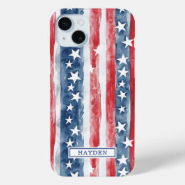愛国的な水彩星条旗モノグラム iPhone 15 MINIケース