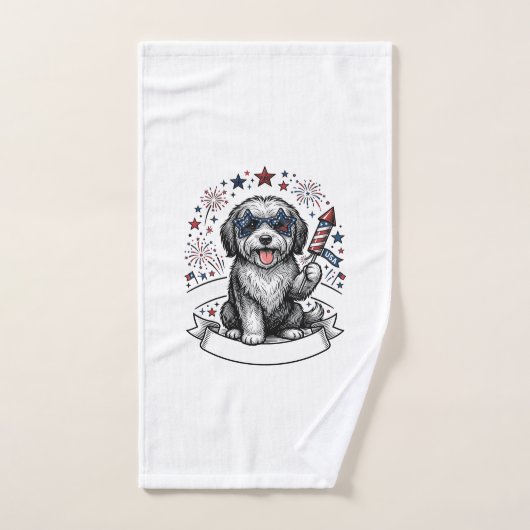 愛国的な犬の花火 ビンテージ ベクターTシャツ_1 ハンドタオル (ハンドタオル)