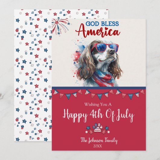 愛国的な犬 - スパニエル 4th of July カード (正面/裏面)