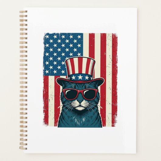 愛国的な猫の旗のビンテージの彫刻Tシャツデザイン プランナー手帳 (正面)