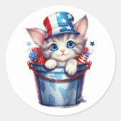 愛国的な猫の赤白青トップハット ラウンドシール (正面)