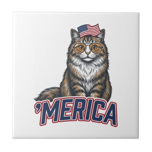 愛国的な猫メリカビンテージ彫刻Tシャツデザイン タイル (正面)