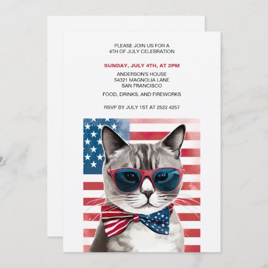 愛国的な猫7月4日招待状 セーブザデート (正面/裏面)