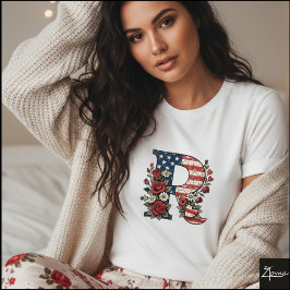 愛国的な花のイニシャルRリースデザイン Tシャツ