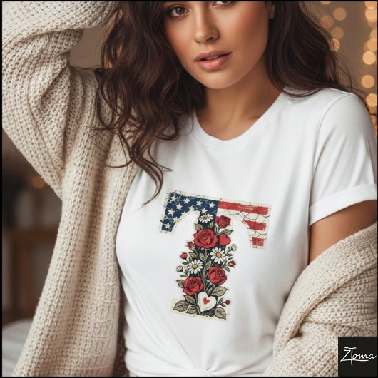 愛国的な花のイニシャルTリースデザイン Tシャツ