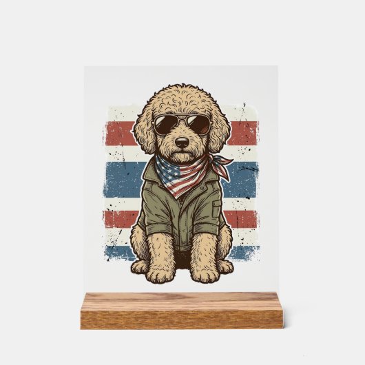 愛国的な落書き犬のビンテージ彫刻Tシャツデザイン アクリルサイン (正面)