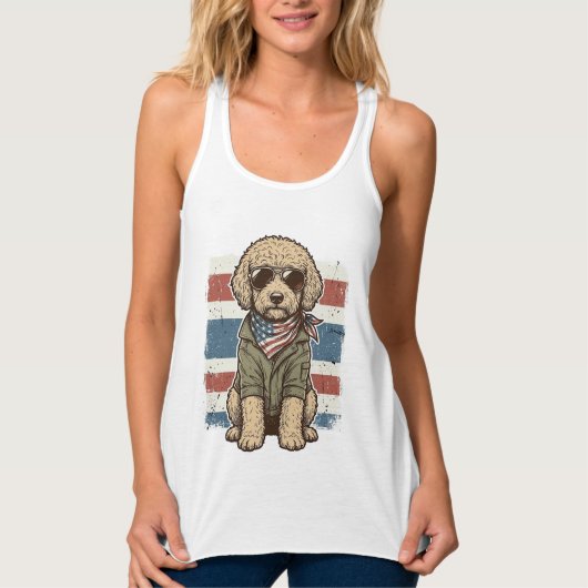 愛国的な落書き犬のビンテージ彫刻Tシャツデザイン タンクトップ (正面)