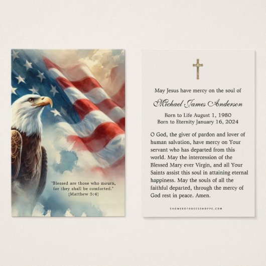 愛国的な葬儀祈りの言葉カードアメリカ国旗 (正面&裏面)