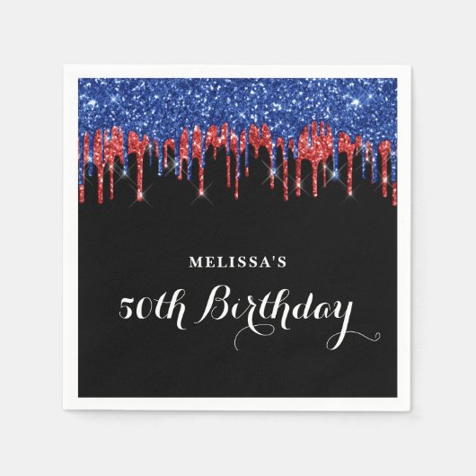 愛国的な誕生日エレガントブルーレッドグリッタードリップ スタンダードカクテルナプキン (正面)