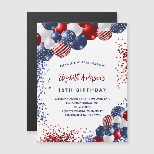 愛国的な赤い青い風船の誕生日の贅沢 マグネット招待状 (正面/裏面)