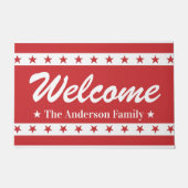 愛国的な赤と白スター名前をカスタムするへようこそ ドアマット (正面)