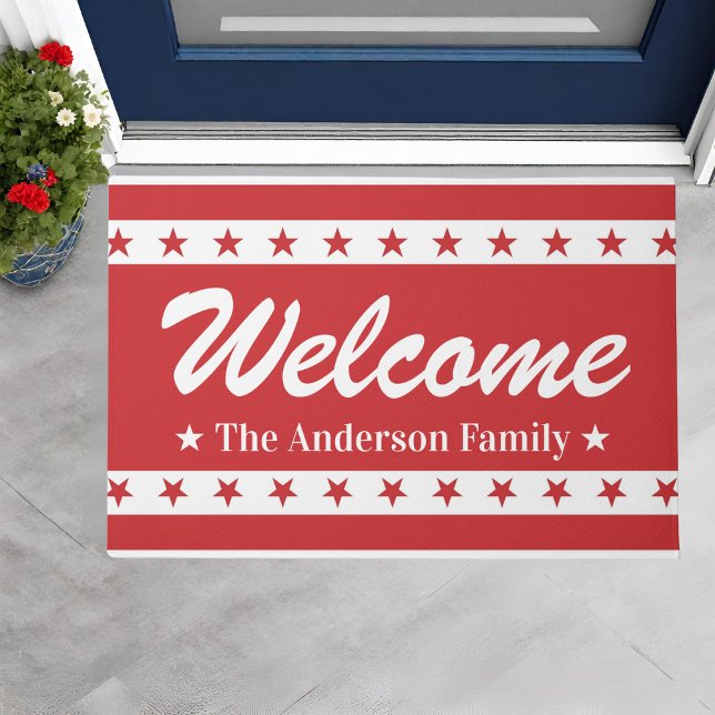 愛国的な赤と白スター名前をカスタムするへようこそ ドアマット (Red and White Patriotic Stars Custom Name Welcome Doormat. Just add your family name!)