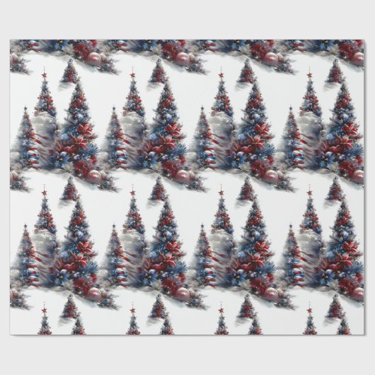 愛国的な赤と青のクリスマスツリー ラッピングペーパー (フラット)