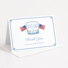 愛国的な赤と青のモノグラム結婚の サンキューカード