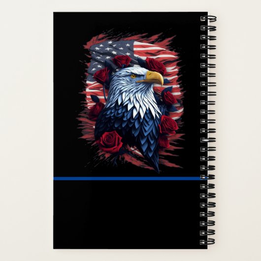 愛国的な赤白青のアメリカ国旗と鷹とバラ ノートブック (裏面)