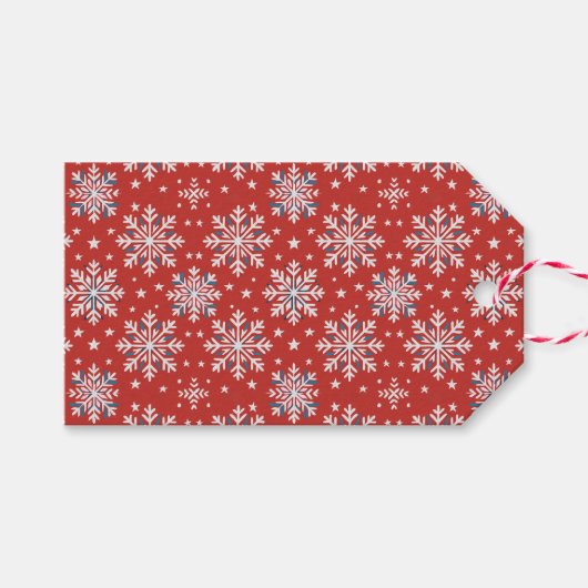 愛国的な赤白青のクリスマススノーフレークタグ ギフトタグ (正面(横))