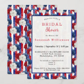 愛国的な赤白青のローズストライプ ブライダルシャワー 招待状 (正面/裏面)