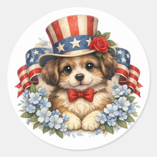 愛国的な赤白青の子犬 ラウンドシール (正面)
