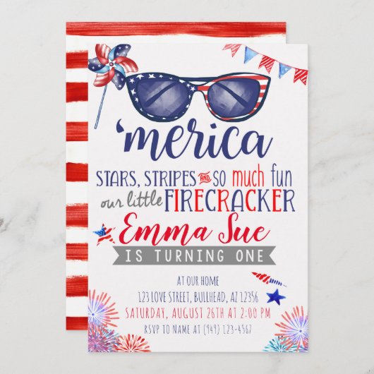 愛国的な赤白青の小さな花火 招待状 (正面/裏面)