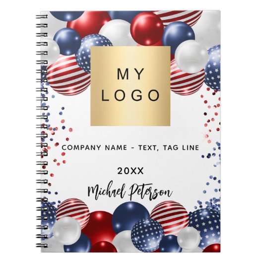 愛国的な赤白青の米国企業ロゴ ノートブック (正面)