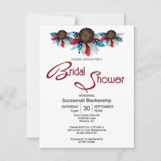 愛国的な赤白青の縁ど上半分の花 招待状 (正面)