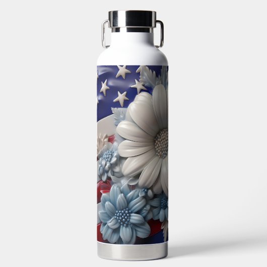 愛国的な赤白青の花の国旗 ウォーターボトル (正面)