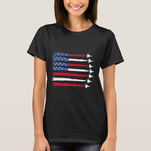 愛国的な赤白青アメリカ国旗の戦闘機4日 Tシャツ (正面)