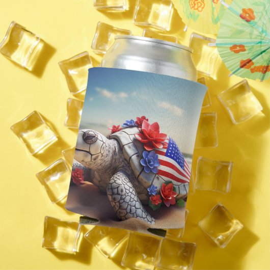 愛国的な赤白青ウミガメと花 缶クーラー (インサイチュ 夏)