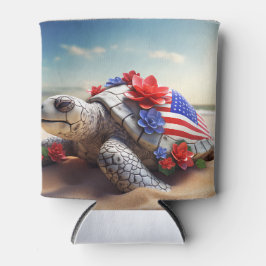 愛国的な赤白青ウミガメと花 缶クーラー