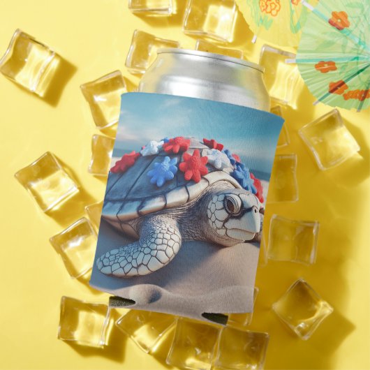 愛国的な赤白青ウミガメと花 缶クーラー (インサイチュ 夏)