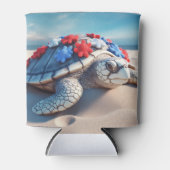 愛国的な赤白青ウミガメと花 缶クーラー (正面)
