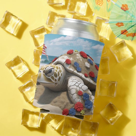 愛国的な赤白青ウミガメと花 缶クーラー (インサイチュ 夏)
