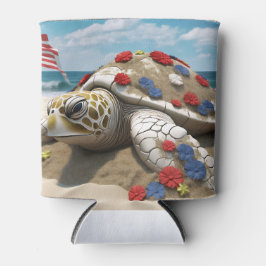 愛国的な赤白青ウミガメと花 缶クーラー