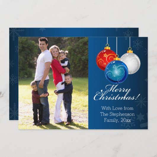 愛国的な赤白青オーナメントクリスマスフォト シーズンカード (正面/裏面)