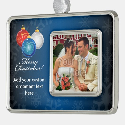 愛国的な赤白青オーナメントメリークリスマス シルバープレートフレームオーナメント (左)