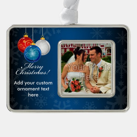 愛国的な赤白青オーナメントメリークリスマス シルバープレートフレームオーナメント (正面)