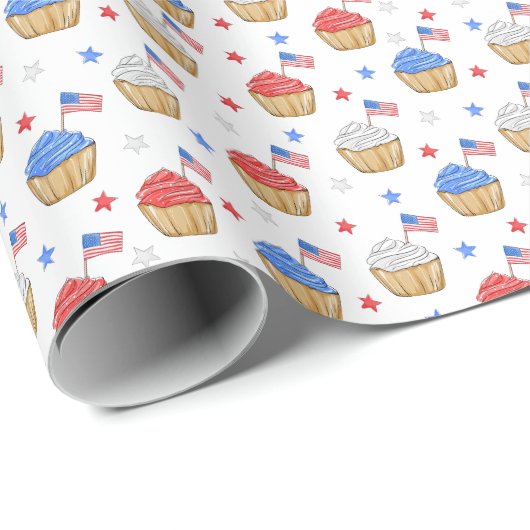 愛国的な赤白青カップケーキ国旗の星 ラッピングペーパー (ロールコーナー)