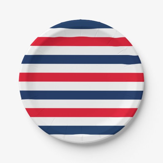 愛国的な赤白青ストライプパターン ペーパープレート (正面)