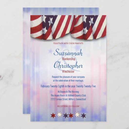 愛国的な赤白青バンティンスターバックグラウンド 招待状 (正面/裏面)