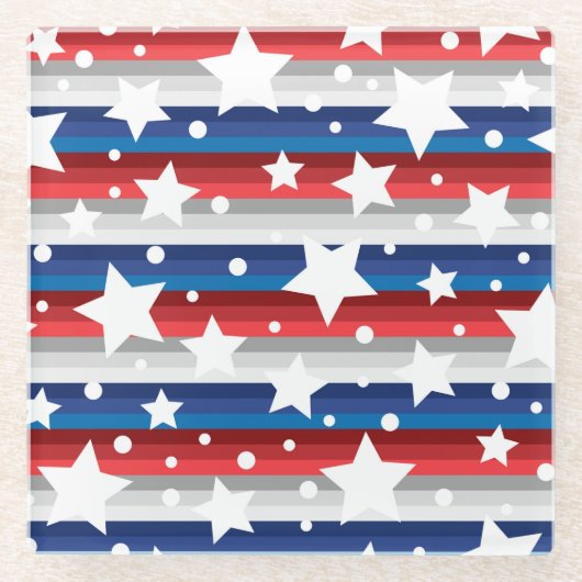 愛国的な赤白青灰色の星 ガラスコースター (正面)