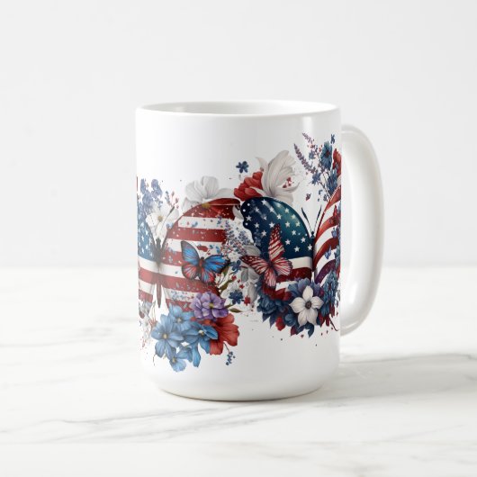 愛国的な赤白青蝶の花 コーヒーマグカップ (正面右)