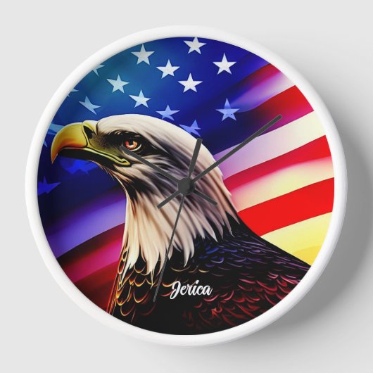 愛国的な赤、白と青と禿げたワシ 壁時計 (正面)