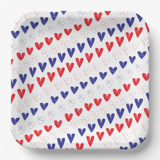 愛国的な赤、白、青のハート ペーパープレート (正面)