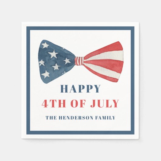 愛国的な赤、白、青のボウ 4th of July スタンダードカクテルナプキン (正面)