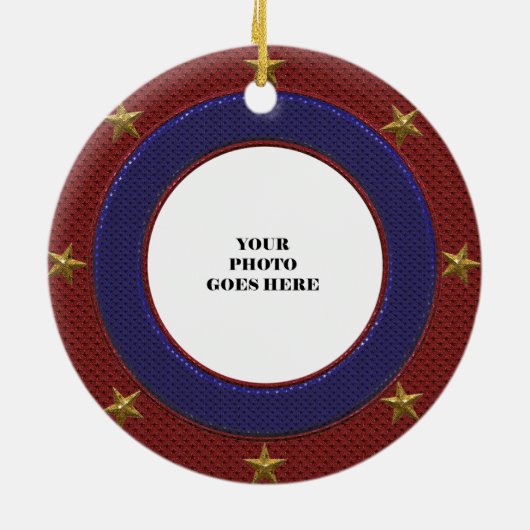 愛国的な金ゴールドスターズフォトフレームラウンドオーナメント セラミックオーナメント (裏面)