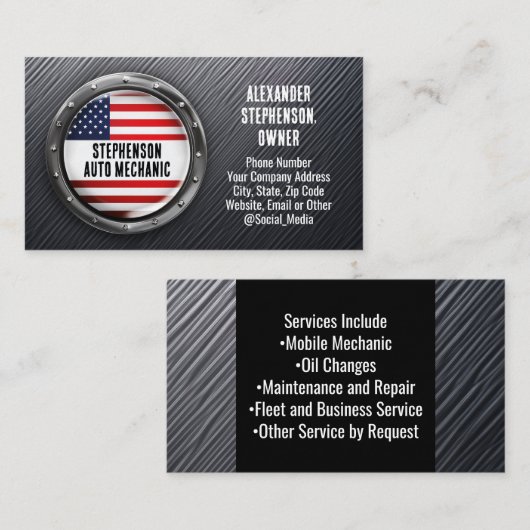 愛国的な金属アメリカ国旗の車の自動整備士 名刺 (正面/裏面)
