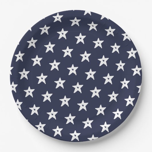 愛国的な青と白の星とハート ペーパープレート (正面)