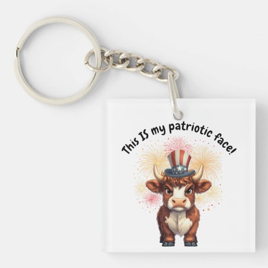 愛国的な顔の不機嫌な高地の牛 キーホルダー (正面)